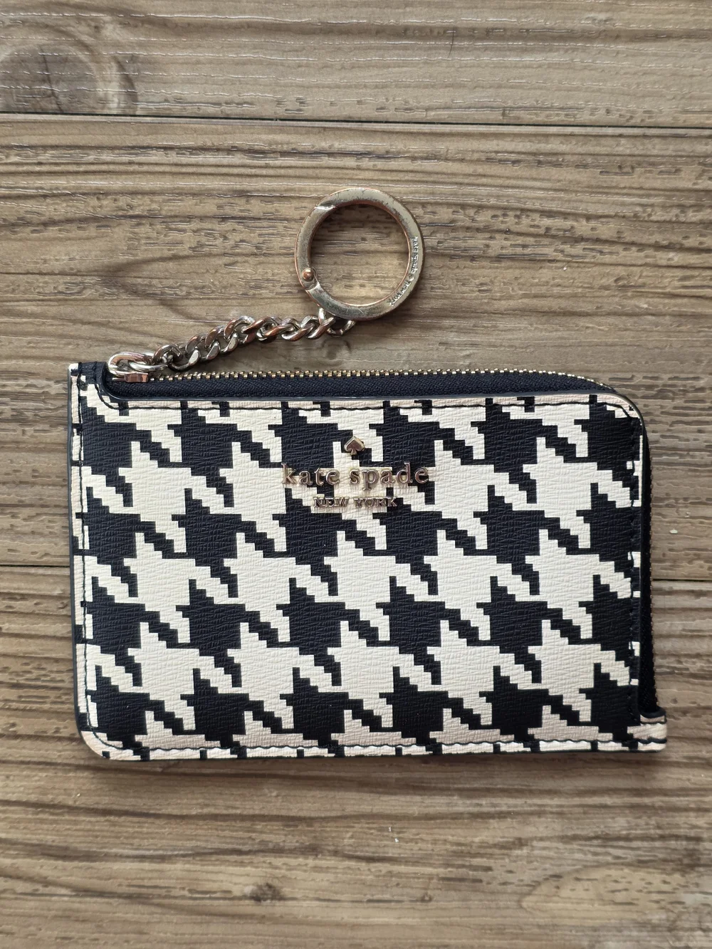 kate spade houndstooth zip key pouch - black & white